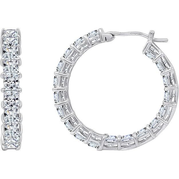 Sterling Silver Hoop Earrings With Cubic Zirconia, Swarovski Zirconia, 1",